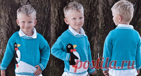 Свитер с пингвином вязаный спицами для малыша Описание вязания спицами свитера с интересным кармашком в виде пингвина, выполненного жаккардовым узором, для малыша от 2 до 6 лет