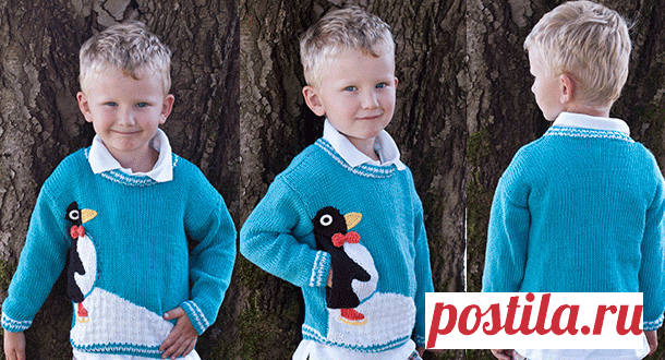 Свитер с пингвином вязаный спицами для малыша Описание вязания спицами свитера с интересным кармашком в виде пингвина, выполненного жаккардовым узором, для малыша от 2 до 6 лет