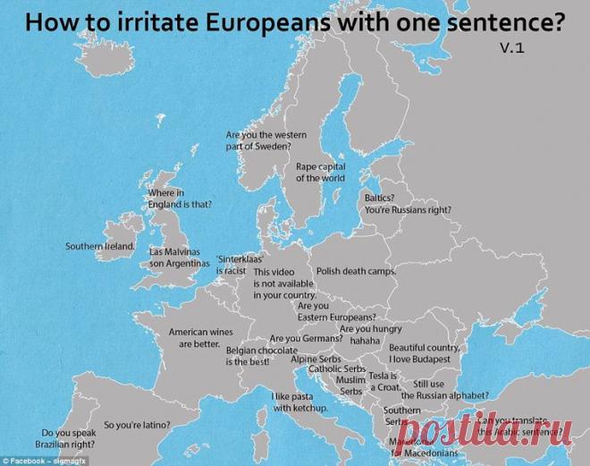 Составлена карта Европы с фразами, которые бесят жителей разных стран / Моя Планета