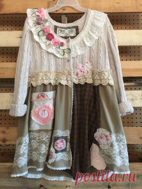 Upcycled Shabby Chic Romantic Cardigan Sweater Wearable Art