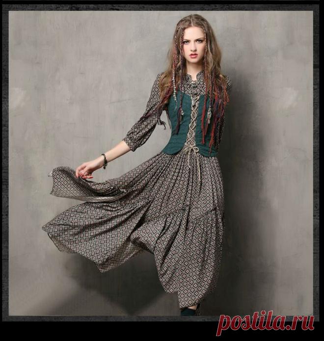 Платье Винтажный Три Четверти Лето , Стиль женщины 2015 Yuzi туника хлопок Combo воротник мандарин рукав макси Vestido 6526 купить на AliExpress