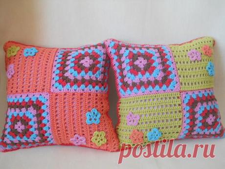 Вязаная крючком подушка узором Бабушкин квадрат | Уют и тепло моего дома