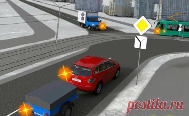 Должен ли водитель красного автомобиля уступить дорогу трамваю?  Трамвай остановился на остановке, а сзади него стоит красный автомобиль.
Водитель красного автомобиля подъезжает к трамваю и при открытии двери красный автомобиль начинает движение и ударяется бампером в правую часть вагона трамвая.