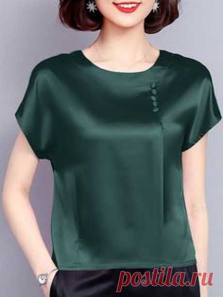 Blouses & Shirts,Green,Red,Pink,Yellow,Orange,Short Sleeve,Folds,Buttoned,Crew Neck,Summer,18~24,25~34,35~44,Lightweight,Non-stretchy,Solid,Satin,Casual,Plus Size,Plus Size