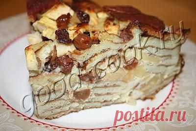 Хорошая кухня - блинный пирог-пудинг с изюмом и яблоками. Кулинарная книга рецептов. Салаты, выпечка.