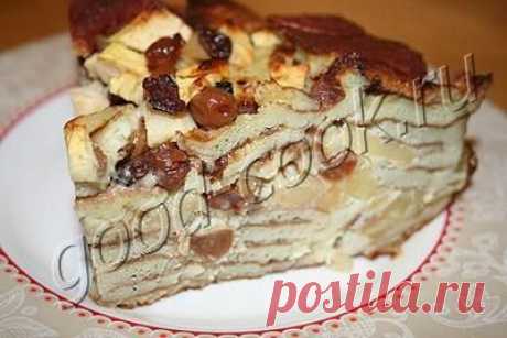 Хорошая кухня - блинный пирог-пудинг с изюмом и яблоками. Кулинарная книга рецептов. Салаты, выпечка.