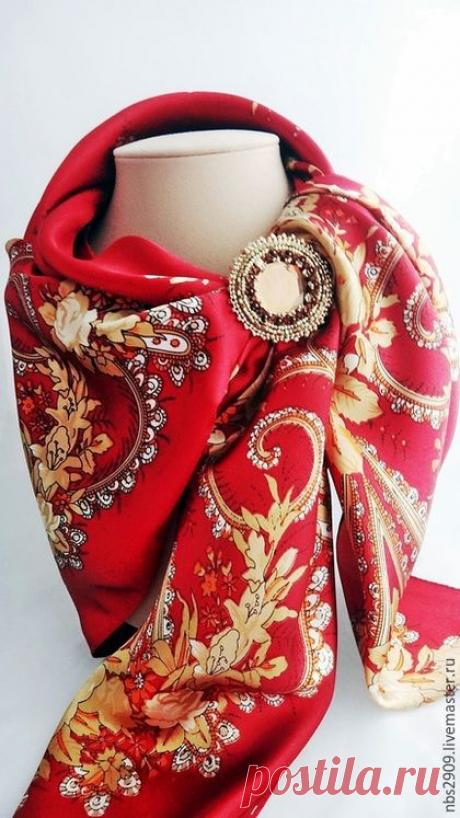 Купить Платок с зажимом "Обронила жар-птица перо" - ярко-красный, орнамент, комплект украшений