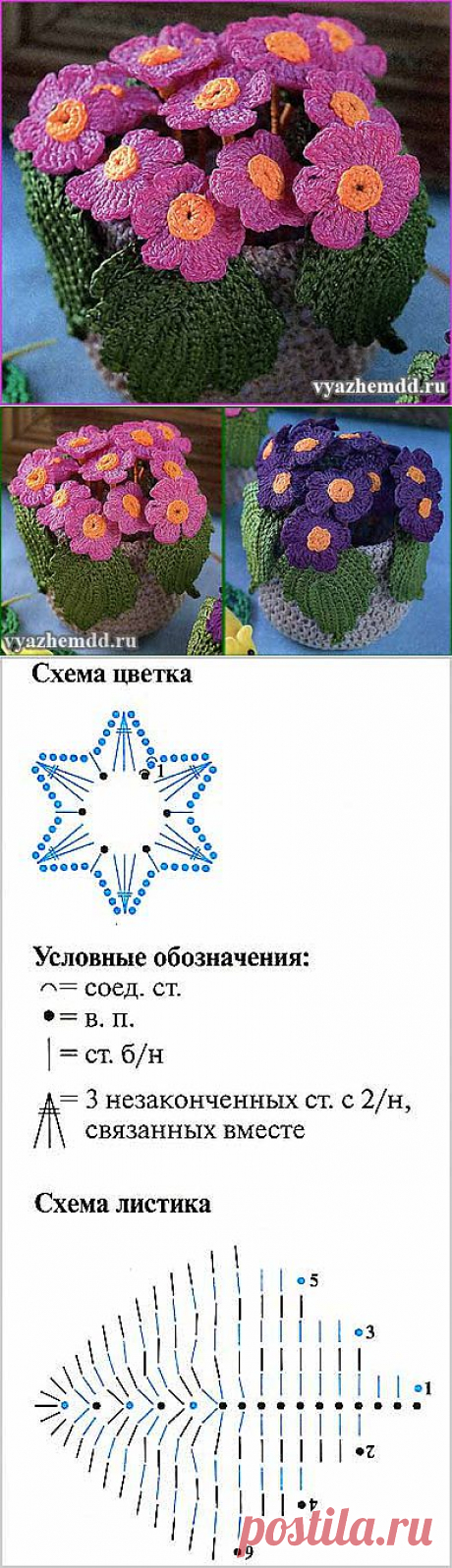 Вязаные крючком цветы в горшках - Примулы | Милые мелочи