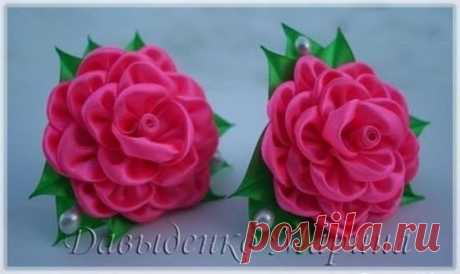 Роза канзаши из круглых лепестков. Канал Давыденко Марина