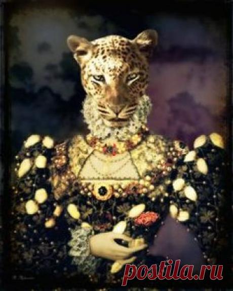 Кошка Искусство, леопардовый, готический Mixed Media Коллаж, антропоморфный, Surreal, Altered Art, Авангард, "Леопард королева"