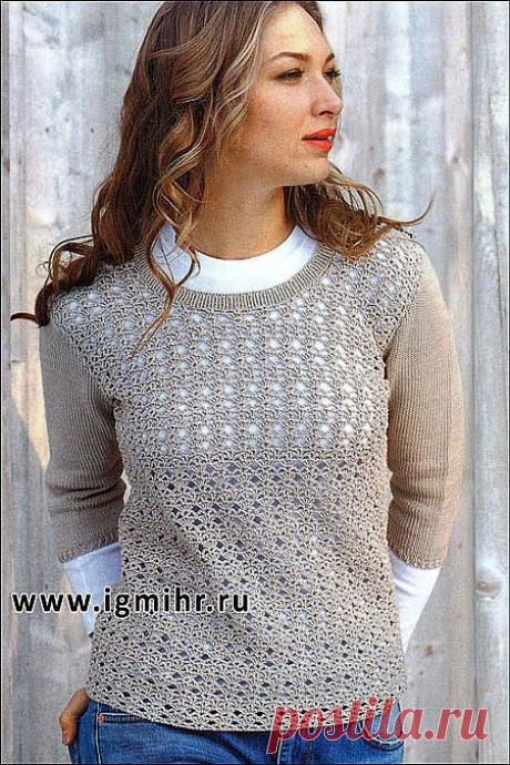 Бежевый комбинированный пуловер (вязание крючком и спицами)