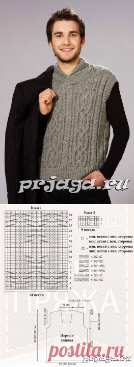 Вязаная мужская безрукавка с косами