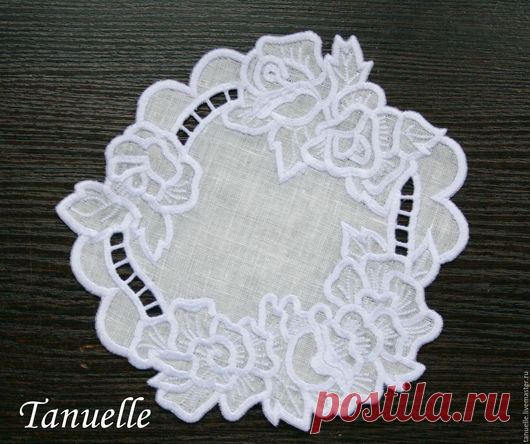 Купить Салфетка льняная Утренняя роза - белый, льняная салфетка, салфетка с ришелье, Вышивка ришелье