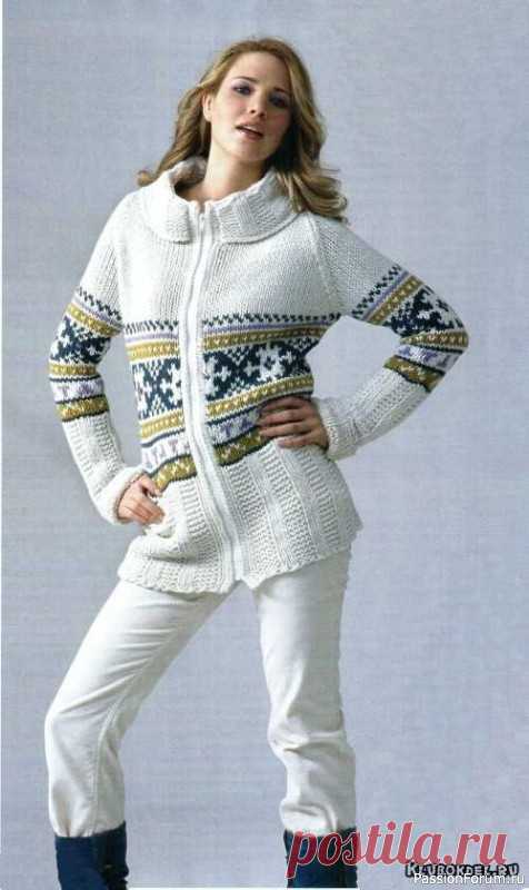 Жакет на молнии | Вязание для женщин спицами. Схемы вязания спицами Жакет на молнии подойдёт и для прогулки по заснеженому лесу, и для посиделок в кафе на склоне. Рукава с отворотами-манжетами и воротник гармонируют между собой.Размеры: 36/38 (40-44).Для изготовления жакета на молнии Вам потребуется: 600 (650) г серо-бежевой, 150 г серо-синей, 100 г...