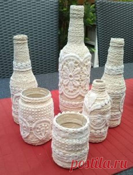 Glue  curtain pieces on old bottles!
