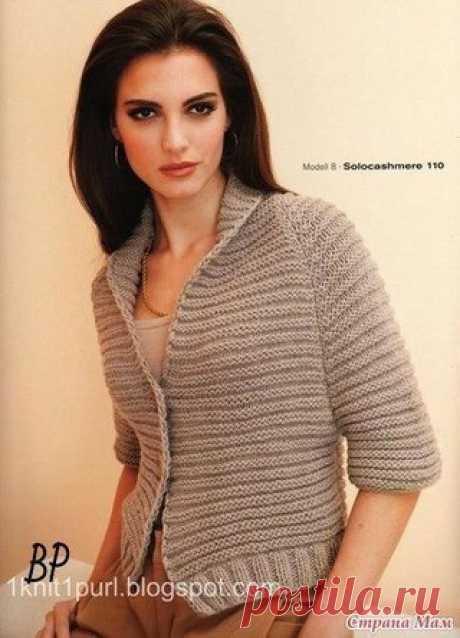 Жакет 
Размер 36/38 (40/42)

Пряжа: 100% кашемир, 110 м/25 г
Расход пряжи: 350 (375) г
Спицы: № 6 и № 7
2 кнопки

Резинка: 2 лицевых, 2 изнаночных.
Основная вязка:
Узор А: лицевой ряд – лицевые петли, изнаночный ряд – изнаночные петли
Узор В: лицевой ряд – изнаночные петли, изнаночный ряд – лицевые петли.
Все изделие вяжется ниткой, сложенной вдвое

Спинка.
На спицы № 6 набрать 58(66) петель. Провязать 11 рядов (5 см) следующим образом: 1 кромочная, далее резинка и в конце...