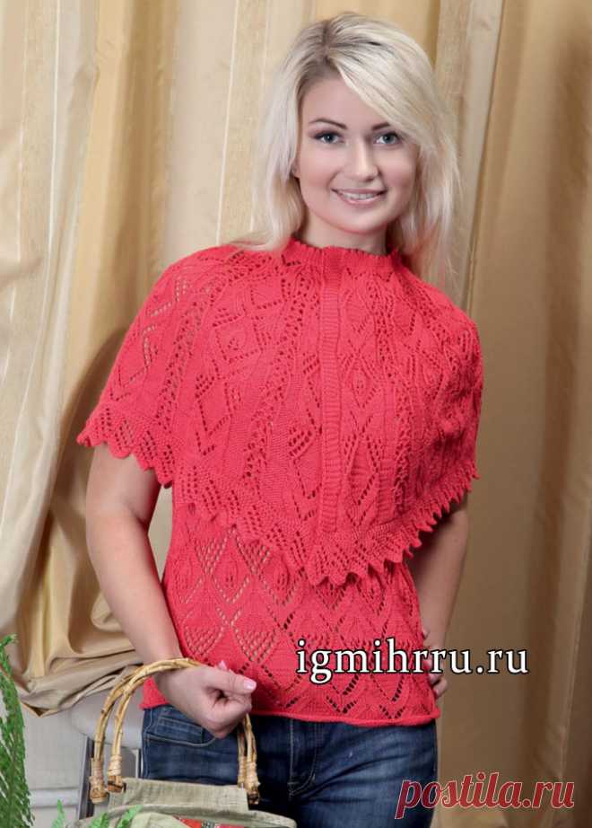 Ажурный летний костюм алого цвета: топ и накидка. Вязание спицами