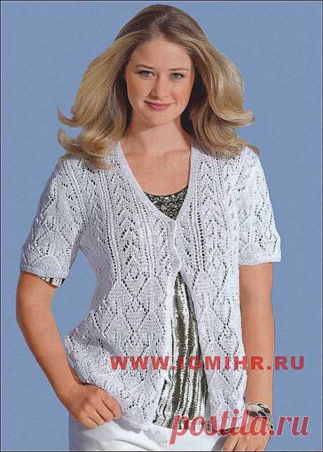 Белый цвет – лучший выбор для лета! Ажурный жакет для пышной дамы. Спицы.