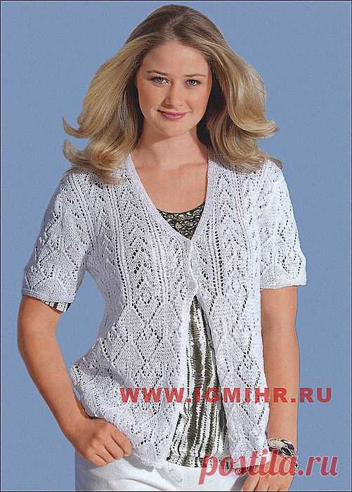 Белый цвет – лучший выбор для лета! Ажурный жакет для пышной дамы. Спицы.