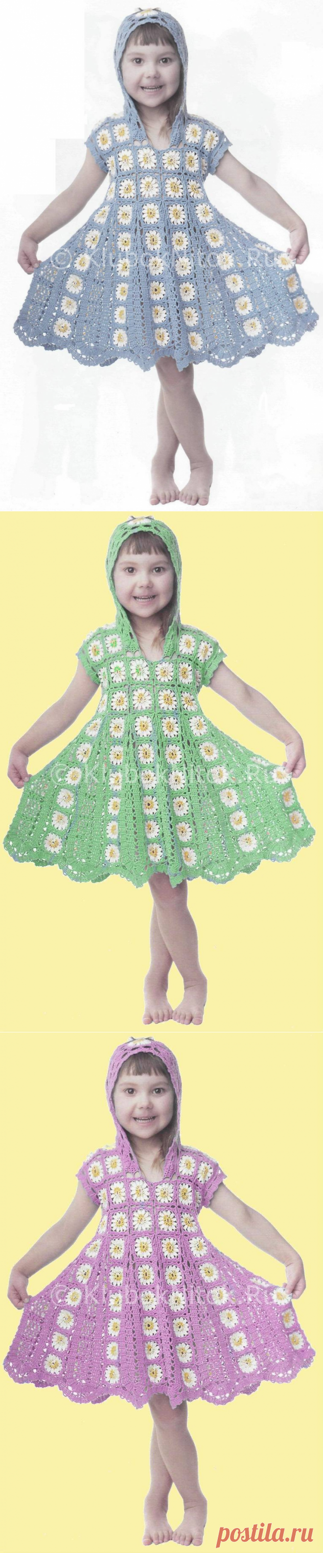 Платье с капюшоном из мотивов | Вязание для девочек | Вязание спицами и крючком. Схемы вязания.