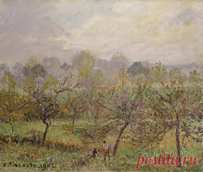 Աշուն--Կոմիտաս
Ծառեր, թըփեր լեցուն միրգ,
Մառան տարան գիրկ ու գիրկ,
Աշուն սընաւ:
Սաղարդ-սաղարդ սարսելով,
Ոսկի տերեւ դարսելով,
Աշուն քընաւ:
Տարափ ու բուք փըչելով,
Վայուն-մայուն ճըչելով
Աշուն ծընաւ:
Կամիլ Պիսսարրո, «Աշուն, առավոտյան մառախուղ», 1902