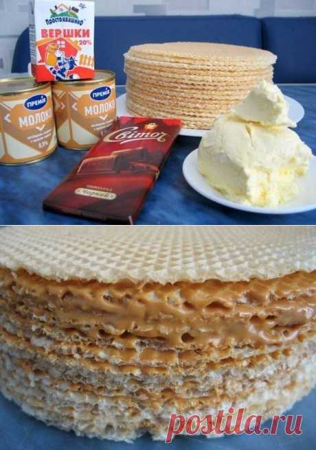 Вафельный торт со сгущенкой и шоколадом.