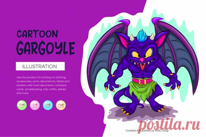 Cartoon gargoyle.
A colorful illustration of a cartoon gargoyle, with spread wings in a threatening pose. Unique design, Halloween clipart. Use the product for printing on clothing, accessories, party decorations, labels and stickers, kids room decoration, invitation cards, scrapbooking, kids crafts, diaries and more.
-------------------------------------------
EPS_10, SVG, JPG, PNG file transparent with a resolution of 300 dpi, 15000 X 15000.