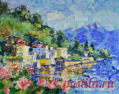 Italy Painting Lake Como Original Art - Natalya Savenkova Landscape Impasto Italian Artwork Nature Mountain Wall Art House Impressionism11 x 14 inches Oil on panel.