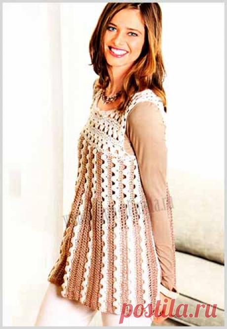 Туника крючком с кокеткой | Вязание спицами, вязание крючком | Мир вязания Объем туники крючком создается за счет чередования столбиков без накида и столбиков с накидом. Вяжется туника крючком с кокеткой по следующему описанию.