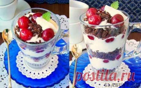 Рецепт. Летний цветной десерт из сыра кварк, вишни и черного шоколада.