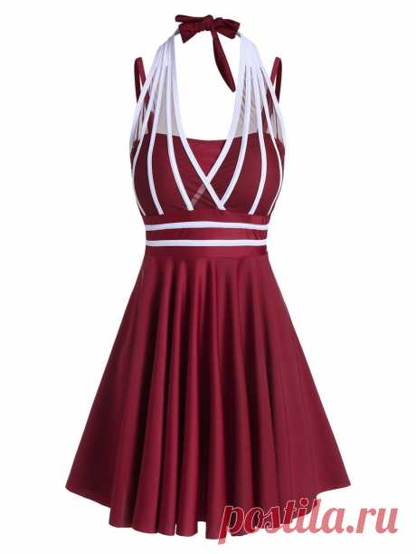[36% OFF] 2020 Contrast Striped Mesh Insert Tankini Swimdress In RED WINE | DressLily