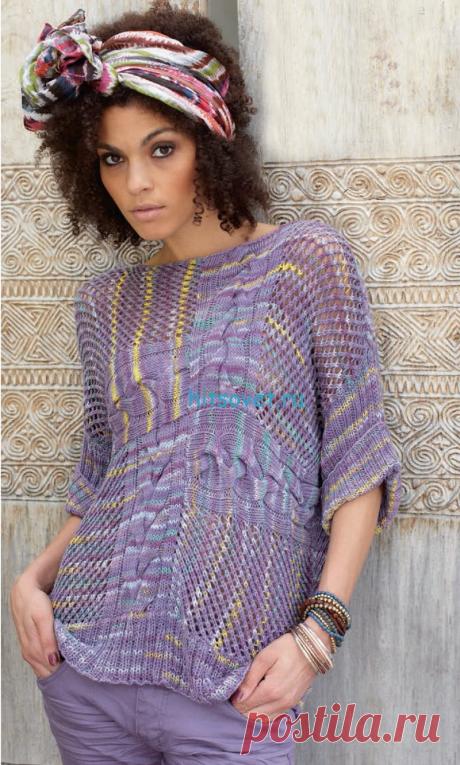 Пуловер со спущенными петлями схема - Хитсовет Пуловер со спущенными петлями схема. Для вязания пуловера Вам потребуется: 350-400-450-500-550 г сиреневой меланжевой пряжи Schachenmayr original MULTICOLOR (100% хлопка, 90 м/50 г); прямые спицы № 4; 1 вспом. спица; крючок №4.