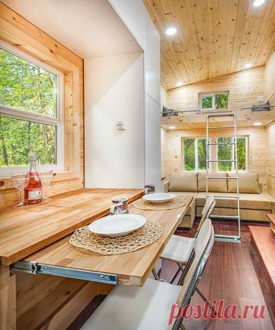 Next to the living area is a large storage cabinet that frames in the dining table.