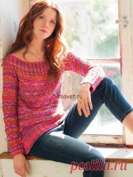 Меланжевый пуловер спицами для женщин - Хитсовет Меланжевый пуловер спицами для женщин. Модный меланжевый пуловер для женщин со схемой и пошаговым описанием вязания. Вам потребуется: 500 (550, 600) грамм пряжи, состоящей из 75% хлопка, 20% полиакрила, 5% полиамида; длиной нити 120 метров в 50 граммах; спицы № 4; длинные круговые спицы № 5; короткие круговые спицы № 3,5.