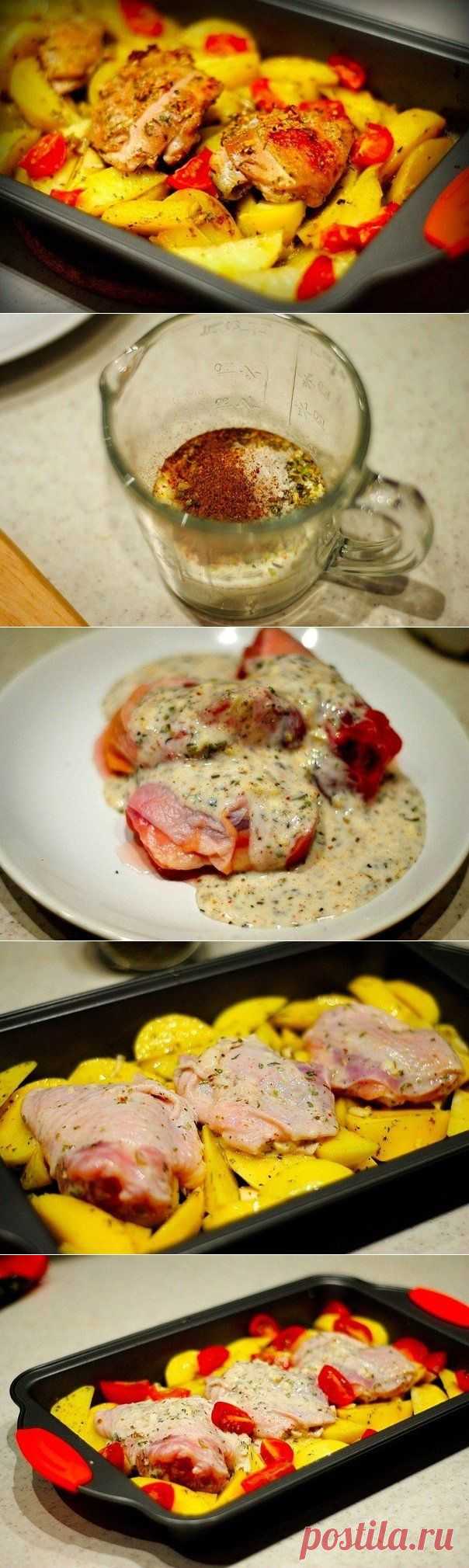 Как приготовить курица, маринованная в кефире, запечённая с картофелем с травами и чесноком - рецепт, ингридиенты и фотографии