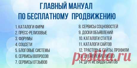 Главный Мануал по Всем Видам Сайтов для Бесплатного Продвижения в интернете [Руководство] Пресс-релизовые сайты, Каталоги фирм, Форумы, Соцсети, Блоговые системы, Сервисы соцновостей, вопросов и ответов, отзывов, Доски объявлений, Каталоги статей и сайтов - важнейшие сайты для бесплатного продвижения.
