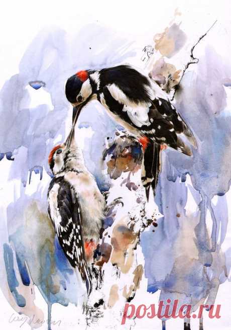 Great Spotted Woodpeckers, Lucy Newton | British Bird Art