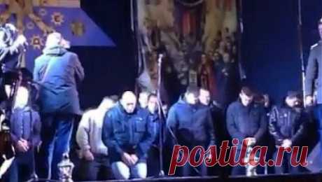 Бойцов "Беркута" поставили на колени во Львове (Видео)
Вечером 24 февраля около ста работников "Беркута" привели на львовский "Евромайдан" и вывели на сцену. Собравшиеся на площади люди кричали "Позор" и бросали в силовиков мелкими предметами. За соблюдением порядка следили активисты самообороны и священник.