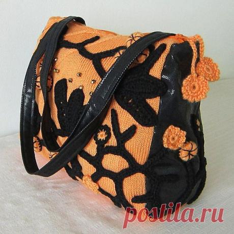 Black and Orange Crochet Bag Freeform Handbag Knit by MARTINELI