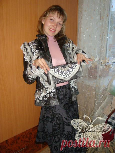 Авторская работа,Курточка и клатч из натурального меха, декор: аппликации из натур.кожи, шелковые кружева, бисер, декоративные строчки.