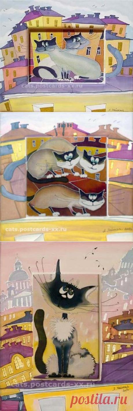 Коты. Батик художника Алисы Майской :: Коты и кошки - рисунок, графика, живопись