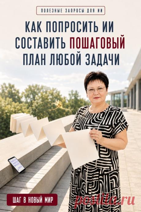 Большая задача кажется сложной, когда непонятно, с чего начать. Попросите ИИ разделить её на небольшие последовательные шаги. Напишите: «Моя цель — [результат]. Помоги составить пошаговый план: раздели задачу на небольшие действия, расположи их по порядку и подскажи, с чего начать». Используйте план как основу: оцените шаги и при необходимости измените их под себя. Сохраните эту формулу запроса, чтобы вернуться к ней, когда понадобится понятный план действий.