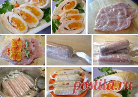 Куриные колбаски-рулетики с курагой.

Ингредиенты:
грудки куриные филе – 4 шт. больших
соль, специи – по вкусу
курага – по 4-5 шт. на рулетик
шалфей – по 2-3 листочка на рулетик
перец горький – по 3-4 колечка на рулетик

Приготовление:
1. Курагу замочить горячей водой, промыть, воду слить, курагу просушить полотенцем.
2. Куриное филе освободить от маленьких боковых филешек, накрыть пленкой, и отбить молотком до тонкого слоя.
3. Филе присолить немного по вкусу, разложить на...