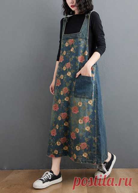 Chic Denim Blue Print Casual Pants Plus Size Spring Jumpsuit Pants – SooLinen