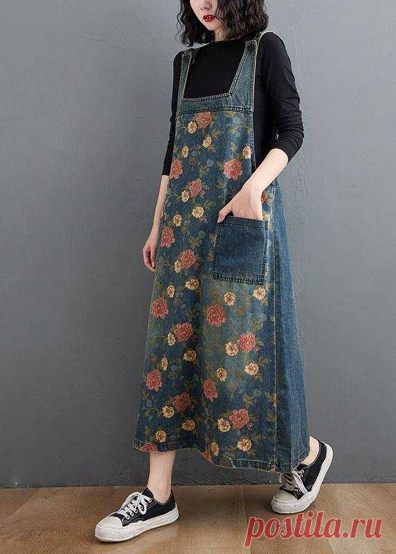 Chic Denim Blue Print Casual Pants Plus Size Spring Jumpsuit Pants – SooLinen