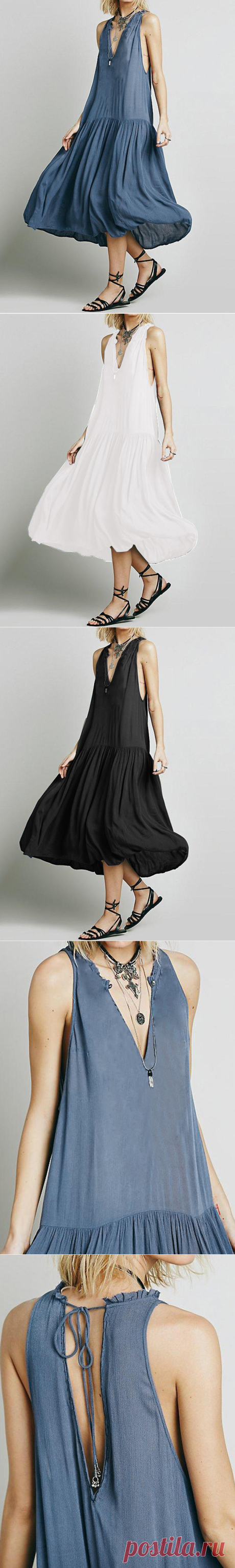 women sleeveless loose v neck pleated maxi dress