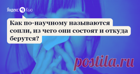 «Как по-научному называются сопли, из чего они состоят и откуда берутся?» – Яндекс.Кью 27 декабря 2019 Александр Табакаев ответил: Сопли формально называются «носовая слизь», а совсем по науке — «муконазальный секрет». Под соплями обычно понимается жидкая носовая слизь, тогда как козюлями называют сухую, хотя нередко эти понятия смешивают. 

Носовая слизь называется муконазальным секретом, так как образуется на слизитой оболочке полости носа, которая иначе называется мукоз...