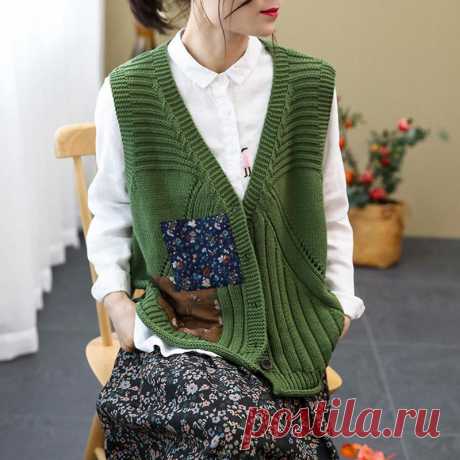 Spring Retro Single-breasted Knit Cardigan Vest Details: Item Type: Knit Cardigan Vest  Gender: Women Material: Cotton Style: Vintage Season: Autumn/ Spring Collar: V-Neck Closure Type: Single-breasted Pattern Type: Patch Color: Green, Brown, Coffee, Orange, Beige One Size  Length: 60.00 cm/23.62" Bust: 112.00cm/44.10" Waist: Free Shoulder: 43.00cm/17.00" Sleeve Len