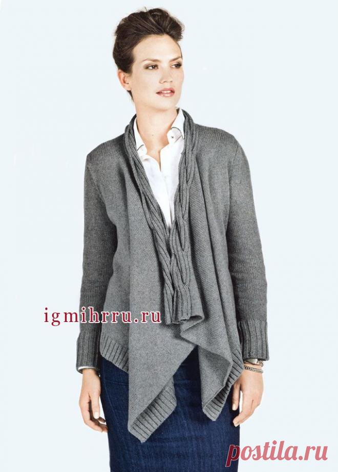 Стильный кашемировый кардиган с воротником-косой, Bergere de France. Спицы