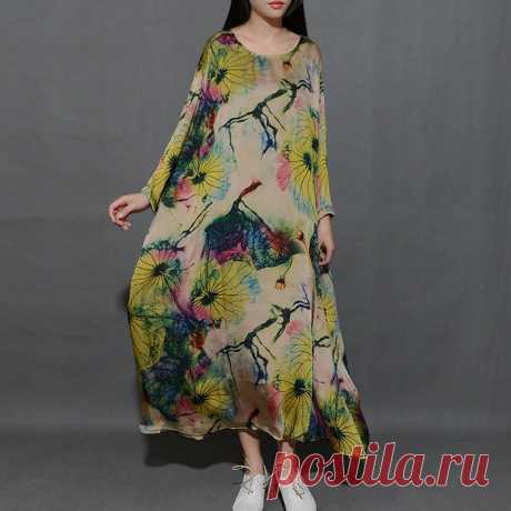 Spring Round Neck Printing Loose Green Dress – Buykud